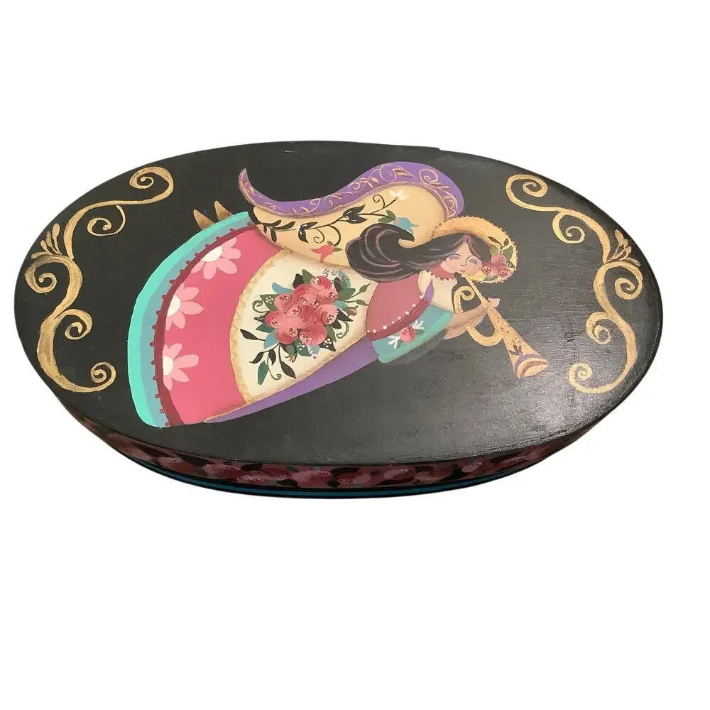 Vintage Bent Wood Oval Box Hand Painted Folk Art Flying Angel Trinket Box F1-2
